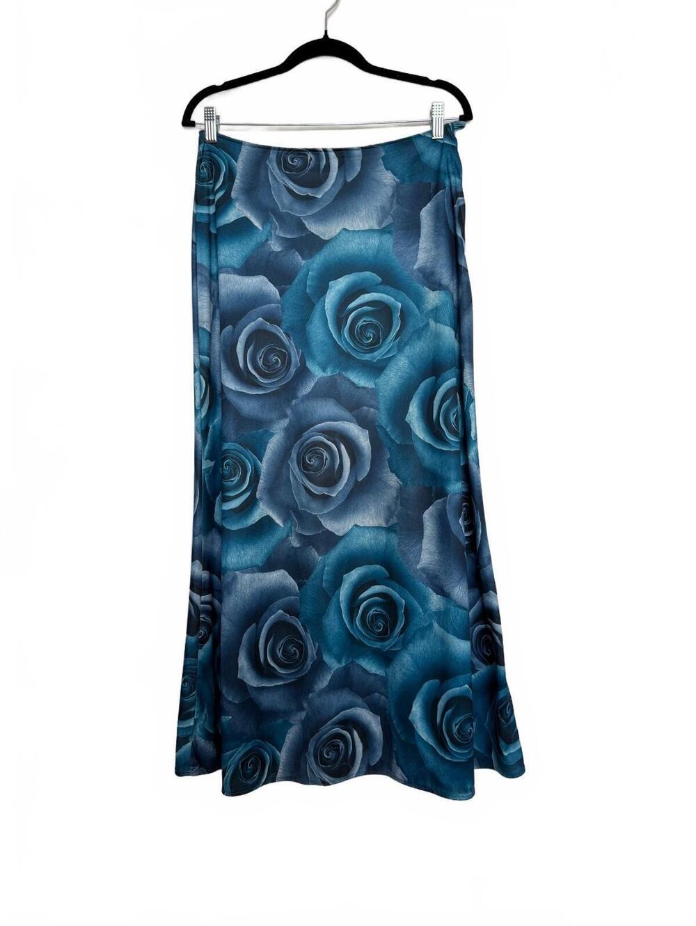 Vintage Y2K Blue Rose Print Satin Maxi Skirt Size 7/8
